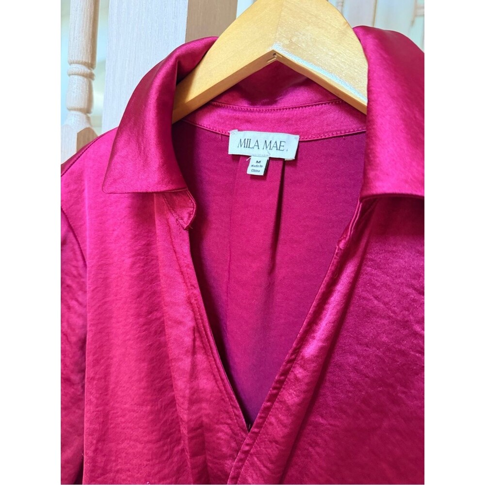 Mila Mae Twist Front Long Sleeve Satin Midi Shirtdress in Wine M - Picture 3 of 12